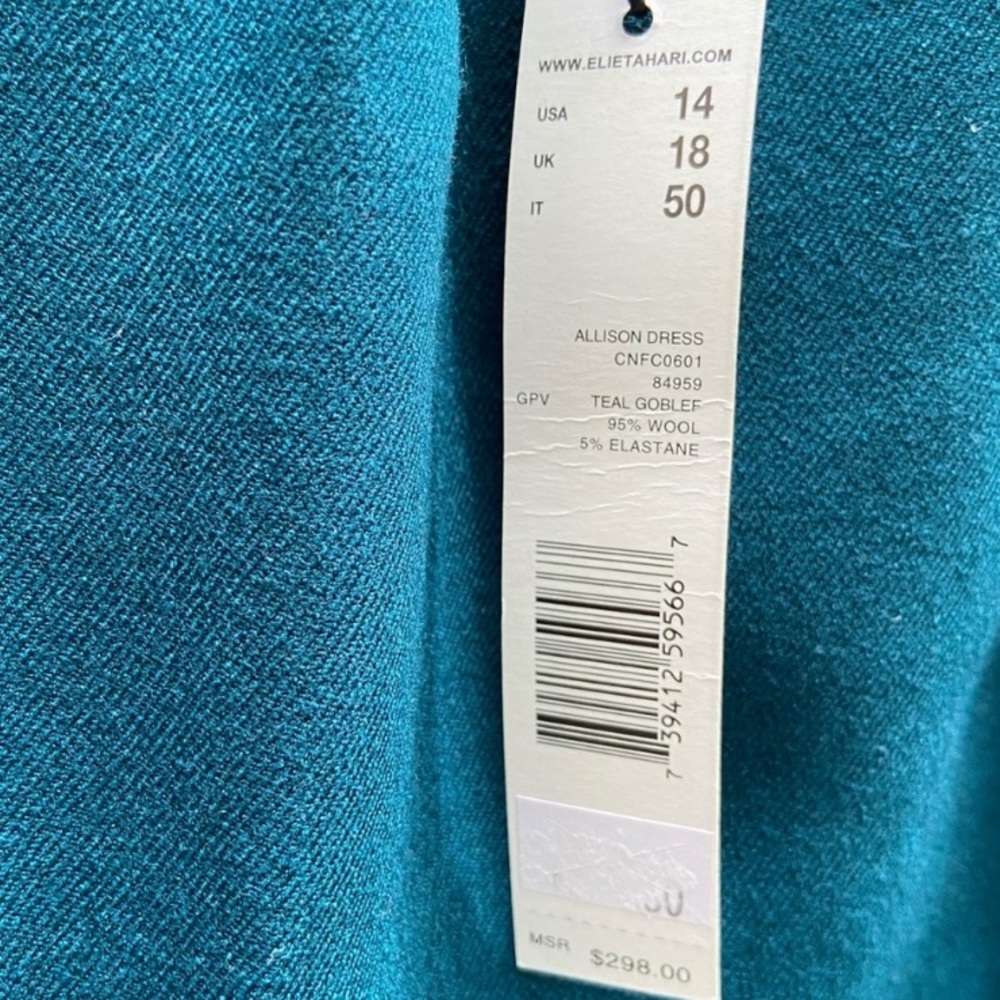 Elie Tahari Teal / Peacock blue green Sheath Dress NWT 14 (retail $298+tax) - Picture 4 of 10